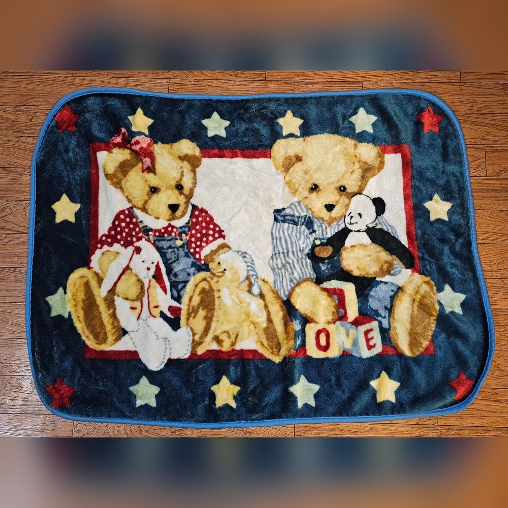 Blue Jean Teddy Bear Plush Fleece Baby Blanket Throw Bunny Panda Stars Vintage